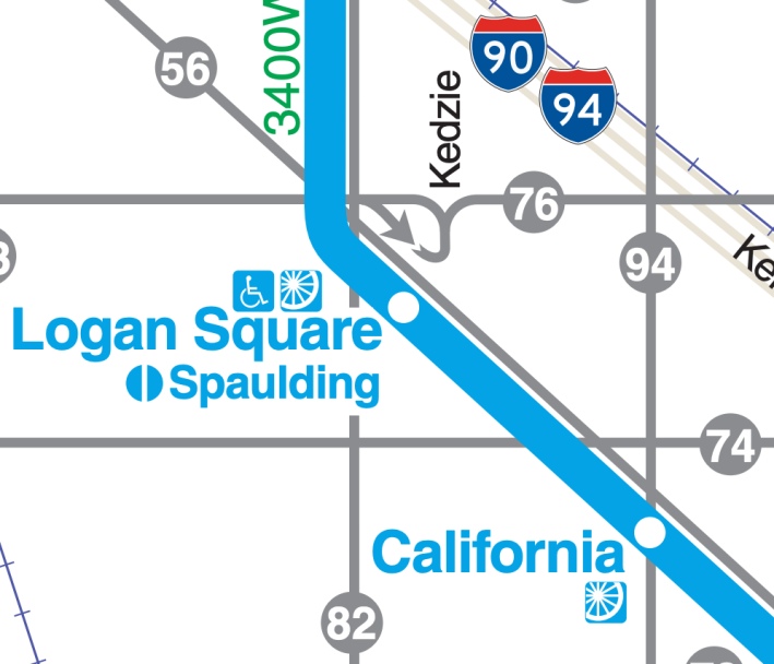 Train and bus routes serving the TOD, located next to the Logan Square station.