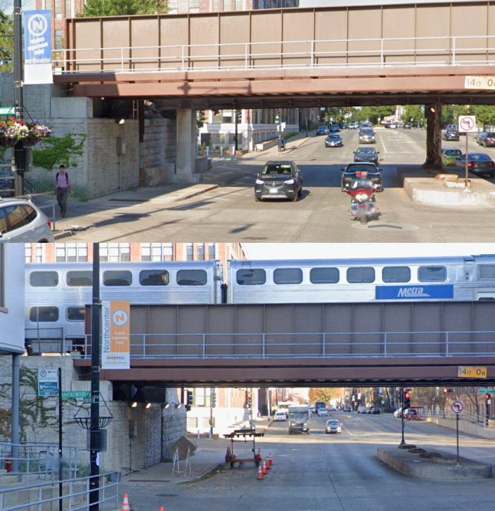 The Union Pacific Viaduct at Irving Park Road and Ravenswood Avenue in July 2019 and November 2021. Pillars were removed from the sidewalks. Images: Google Maps