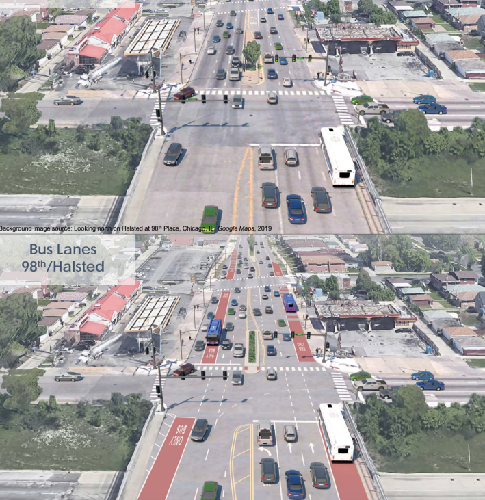 Before and after views of Halsted at the I-57 bridge.