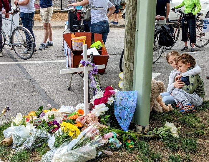 The end of the procession at the memorial to Lily Shambrook. Photo: Eric Allix Rogers