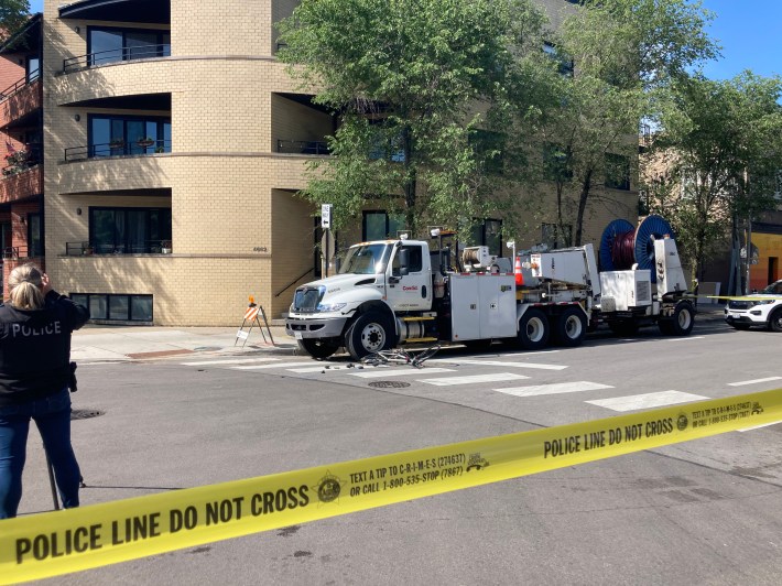 The ComEd truck illegally parked in the Leland bike lane, which contributed to Lily Shambrook's death. Photo: John Greenfield