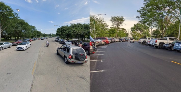 Simonds Drive before and after the parking reconfiguration. Images: Google Maps, Amy Lardner