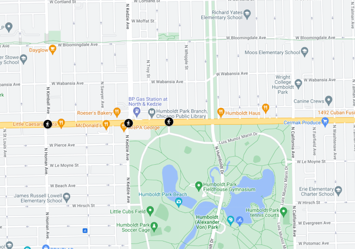 Recent pedestrian fatality sites on North Avenue in Humboldt Park. Image: google Maps