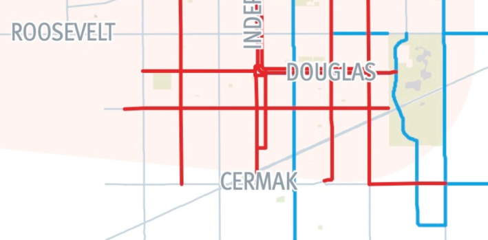 16th Street (the next red street south of Douglas Boulevard, was slated for bike lanes. Image: CDOT