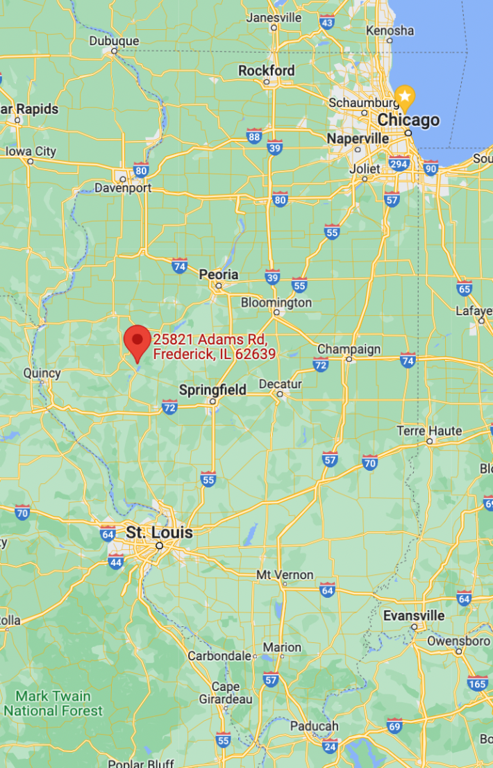 The approximate location of the crash in Fredericlk, west-central Illinois. Image: Google Maps