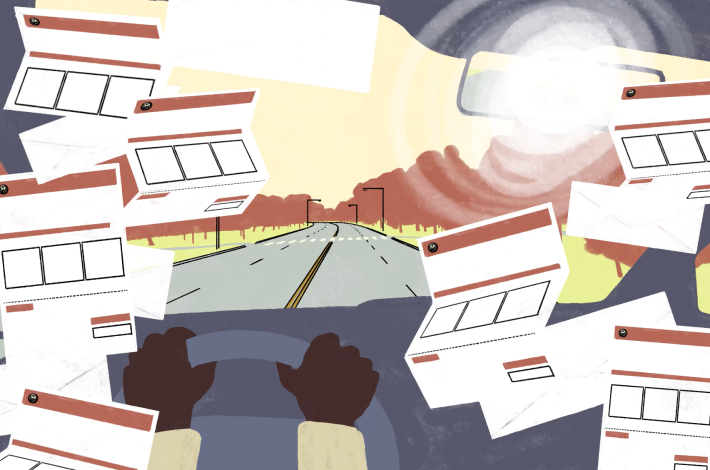 The animated illustration at the top of the piece, a driver’s-eye view of a road as the car fills up with traffic tickets, is quite apropos, since the article mostly just provides the windshield perspective on this issue.