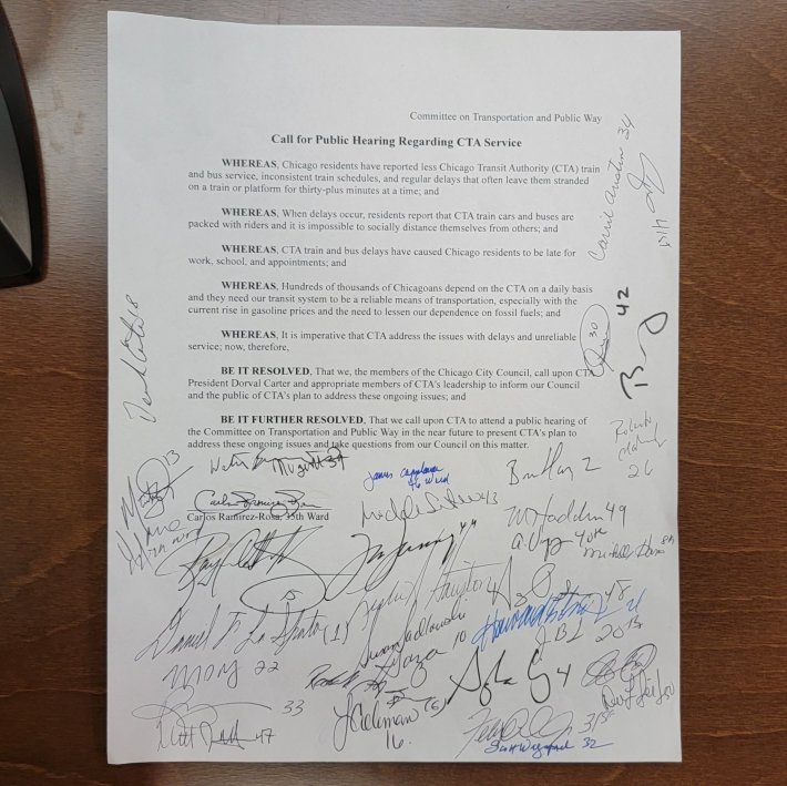 The resolution, signed by dozens of alderpersons. Photo via Carlos Ramirez-Rosa