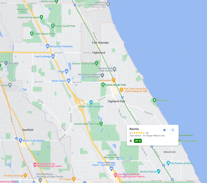 Highland Park has four Metra UP-N line stations: (Downtown) Highland Park, Ravinia, Ravinia Park (where the music venue is located), and Braeside, at the Lake County / Cook County border. Image: Google Maps
