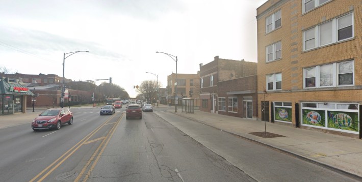 This section of Fullerton Avenue has four travel lanes plus turn lanes. Meilan was struck on the sidewalk on the right side of this image. Photo: Google Maps