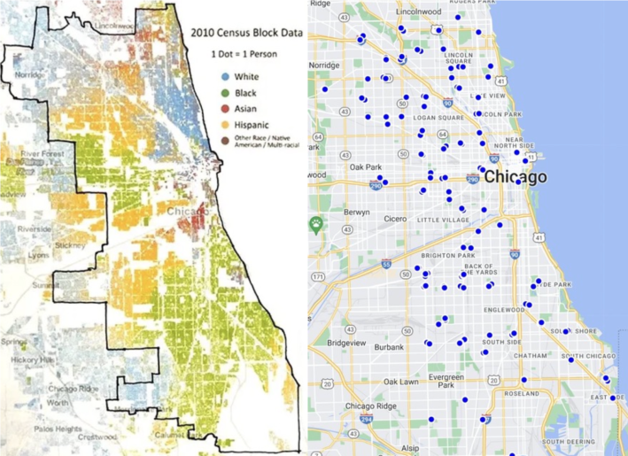 The Racial Dot Map of Chicago (2010 data, but demographics generally haven't changed dramatically since then)haven't The UIC study confirmed that Chicago speed cameras are not concentrated in communities of color. Images: Racial Dot Map, CDOT
