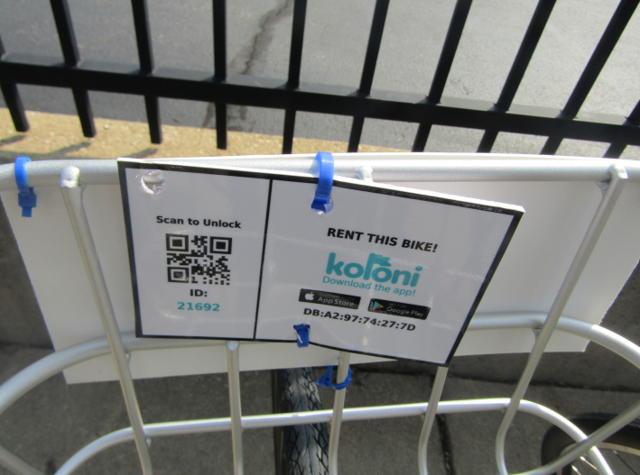A QR code for accessing info on the bike-share program in the basket of one of the bikes. Photo: Igor Studenkov