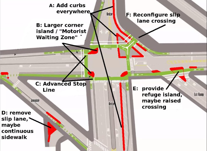 The same bike lane plan but now showing the author's proposed modifications.