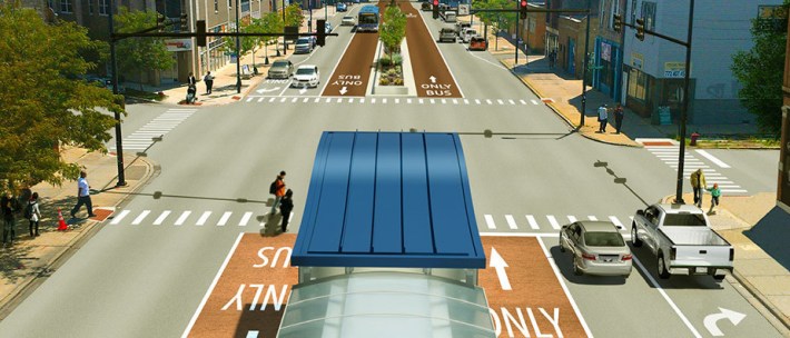 Proposed layout for the Ashland bus rapid transit corridor, which was shelved several years ago due to opposition from drivers. Image: CTA