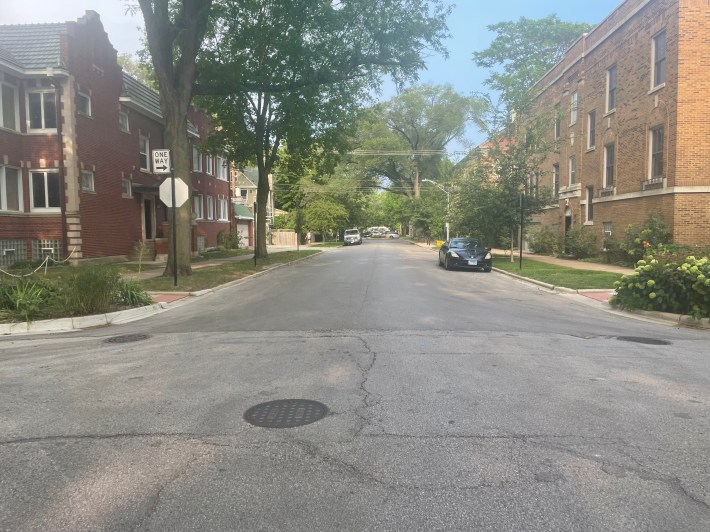 Berwyn Avenue is pretty wide between Clark St. and Winthrop Ave. This section could easily accommodate street furniture and play equipment if CDOT had any imagination