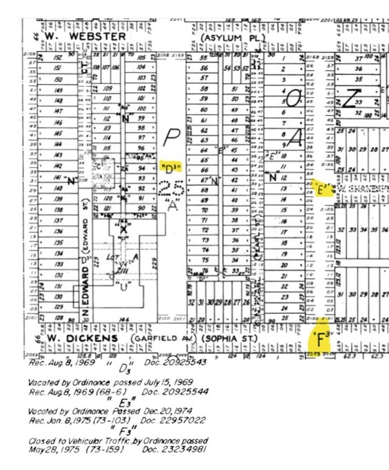 A map showing streets alleys and land parcels before Oz Park was created. Image via CDOT