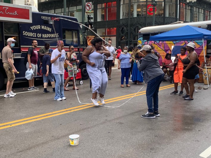 Double Dutch jump-roping with live drumming at Sundays on State. Photo: Sharon Hoyer