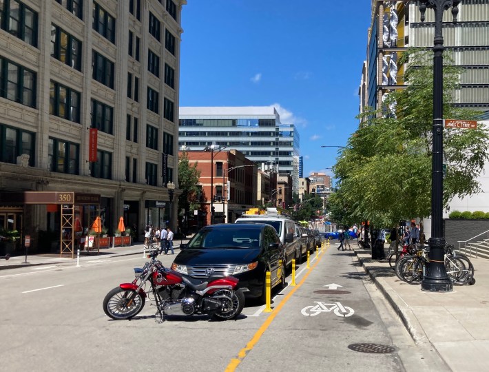 The temporary bike lanes on Clark north of the river, looking north. Photo: John Greenfield