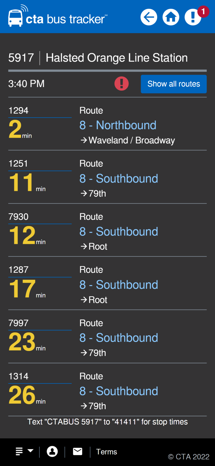 The new format for CTA Bus Tracker arrival times on a phone.