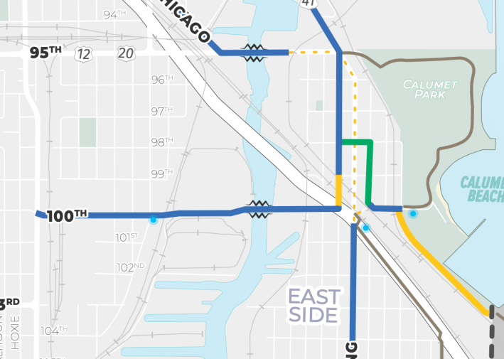 Avenue L is the north-south street shown in blue (non-protected bike lanes) and yellow (sharrows) north of 100th Street on the city's bike map. However, the stretch of bike lanes north of the crash site were eliminated when the street was repaved. Image: CDOT