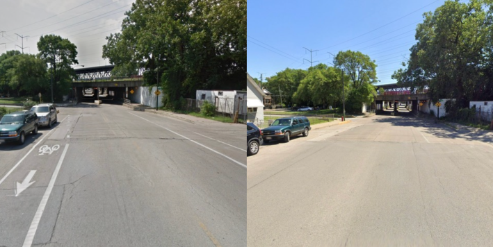 Looking south on Avenue L towards the viaducts in August 2011 after the bike lanes were striped, and in July 2019, after the street was repaved without replacing the lanes. Images: Google Maps