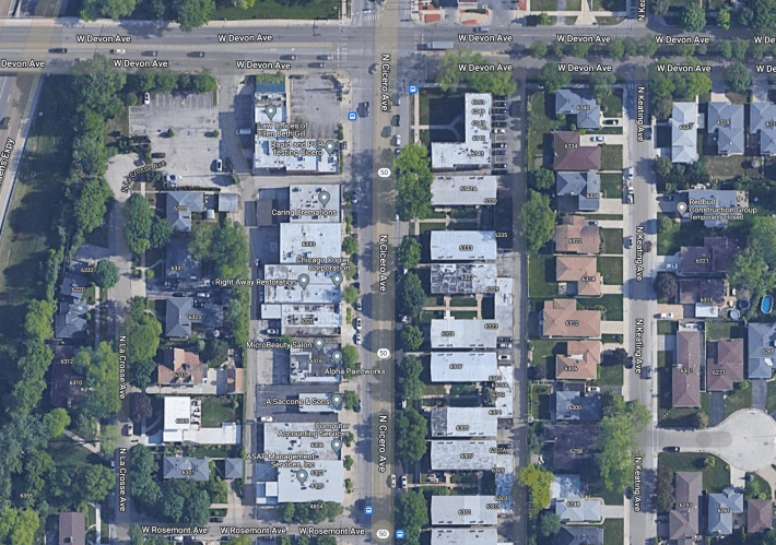 Aerial view of the 6300 block of North Cicero Avenue. Image: Google Maps