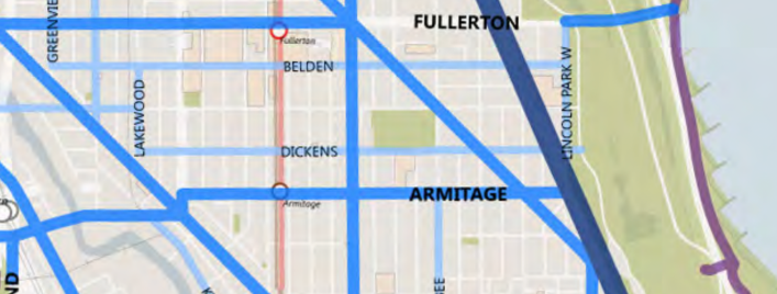 Detail from the Chicago Streets for Cycling Plan 2020 highlighting Dickens as a future Neighborhood Bike Route. Image: CDOT