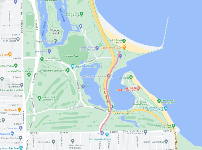 Walking route (pink line) from the #67 bus stop at 67th/Jeffery to 63rd Street Beach. Image: Google Maps