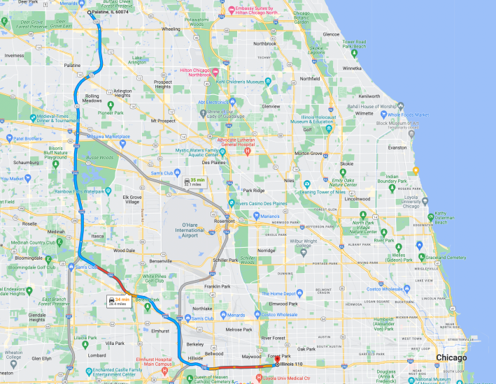 The future bus-on-shoulder route between Palatine and Forest Park. Image: Google Maps