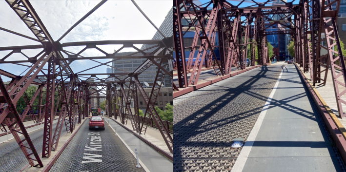 The Kinzie bridge in August 2019 and its current state. Images: Google Maps, John Greenfield