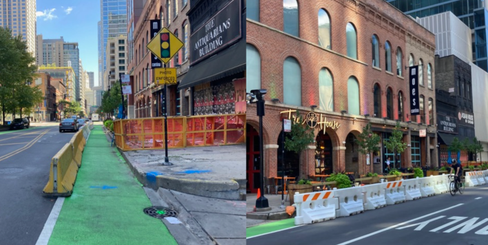 The blocked-off sidewalk by the Antiquarians Building, left, means pedestrians are walking in the bike lanes, which is forcing bike riders to use the mixed-traffic lane. Photos: John Greenfield