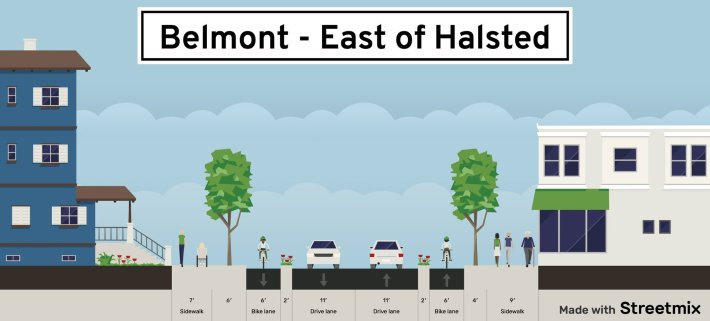 A streetscape view of what Belmont Avenue east of Halsted could look like with protected bike lanes.Photo credit: Jeremy Frisch
