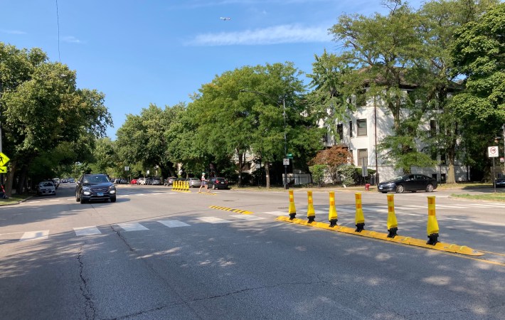 LTTC at Sunnyside and Ashland avenues, a dangerous intersection to cross on foot and bike because it doesn't have stoplights or four-way stop signs. This location will also be getting sidewalk bump-outs in the near future, according to the 47th Ward.