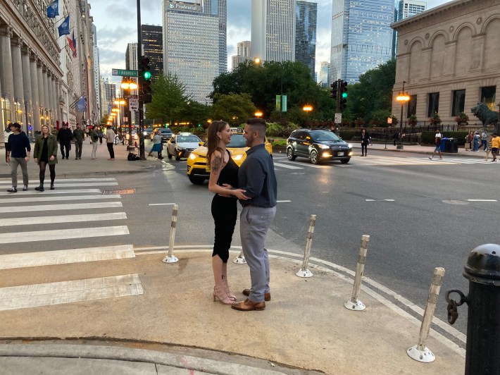 A very romantic engagement photo, if you're a traffic safety infrastructure geek. Photo: John Greenfield