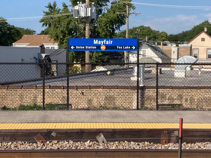 One of the platforms of the Mayfair station on Metra's Union Pacific Northwest line. There are no signs on the platforms to confirm that you're standing on the correct platform for an inbound or outbound train. Photo: John Greenfield