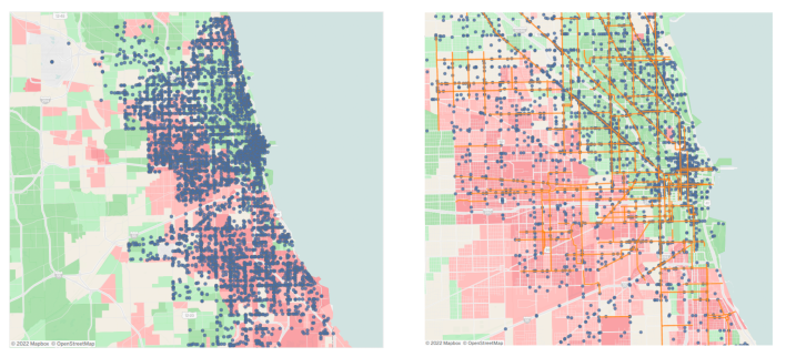 Left: A map of where pedestrians have been struck by cars since 2020. RIGHT: A map of where cyclists have been struck by cars since 2020, with “bike routes” in orange.