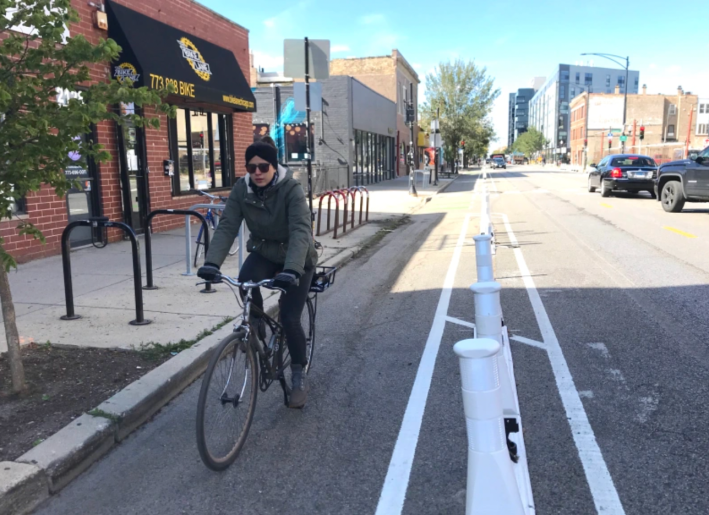 Protected bike lanes on Milwaukee Avenue in Logan Square. Photo: John Greenfield