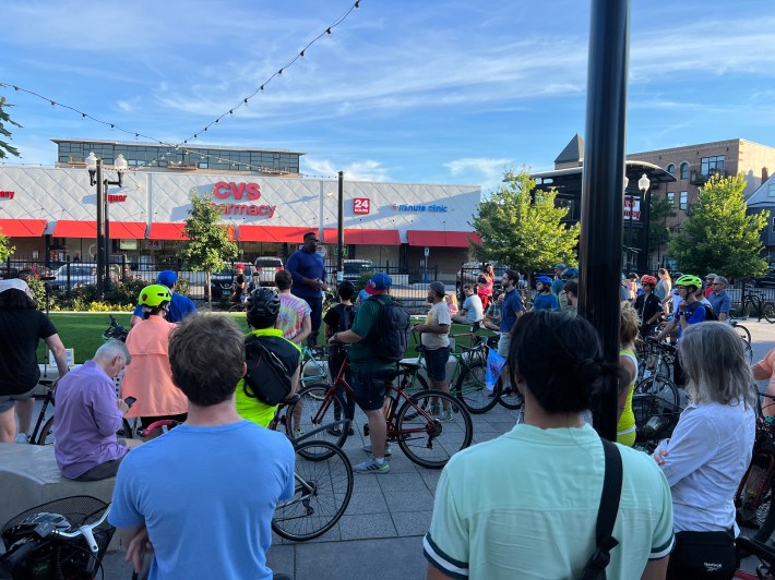 Buckner speaks at a Chicago, Bike Grid Now event in North Center. Photo courtesy of the Kam Buckner campaign.