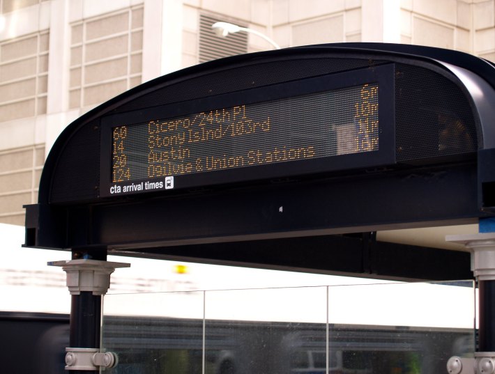Arrival times on the LED display of a CTA bus shelter. Photo: Steven Vance