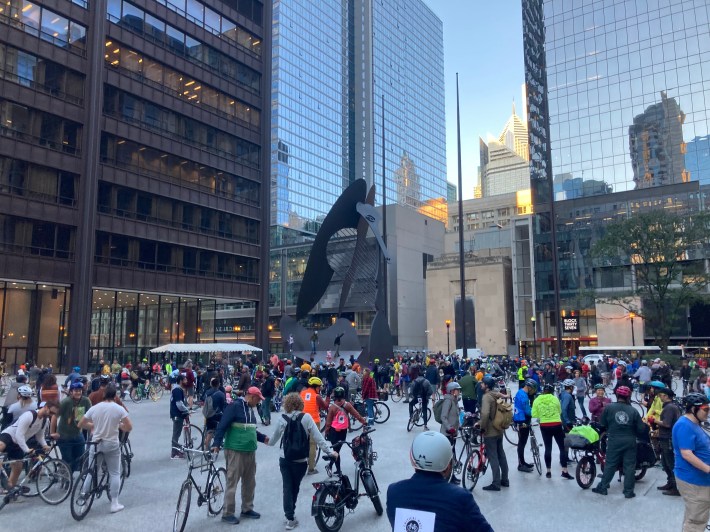 The ride assembles under the Picasso in Daley Plaza. Photo: John Greenfield