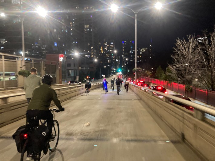 After riding into the South Loop, the Mass rolls down the hill at Roosevelt Road and Clark Street back towards downtown. Photo: John Greenfield