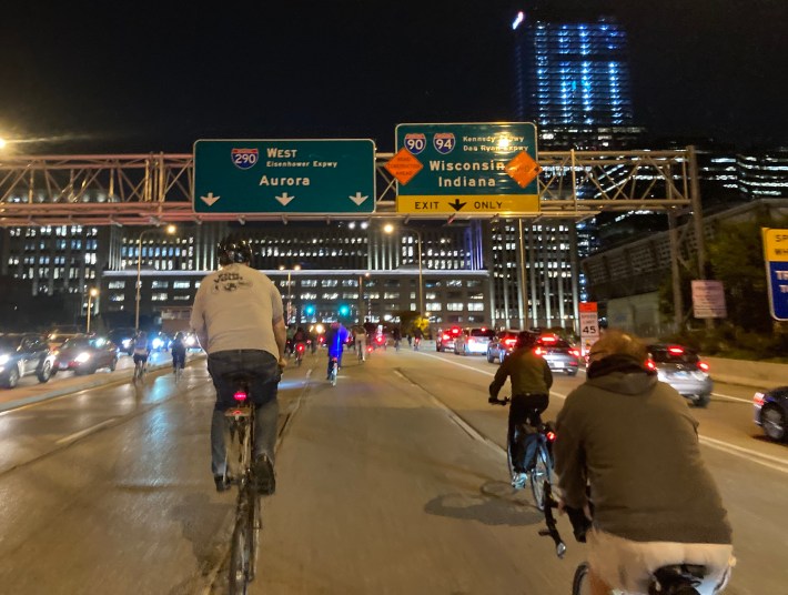 After turning west on Ida B. Wells Drive, the ride climbs the feeder ramp to the Eisenhower Expressway and pedals towards and through the old main post office. Again, don't try doing this by yourself – it's illegal and dangerous. Photo: John Greenfield