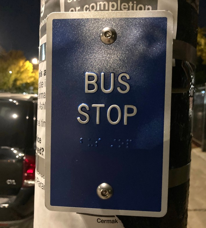 A tactile bus stop sign on Ashland Avenue in Pilsen. Photo: John Greenfield