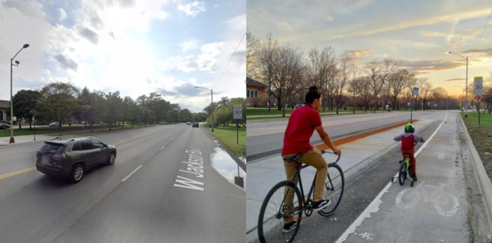 Before and after the Columbus Park road diet. On the right is one of the new bus-boarding islands near the refectory, which doubles as concrete protection for the bike lane. Images: Google Maps, CDOT