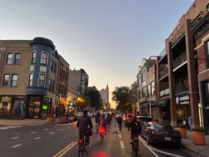 The group rides northwest on Milwaukee in Wicker Park. Photo: Kyle Lucas