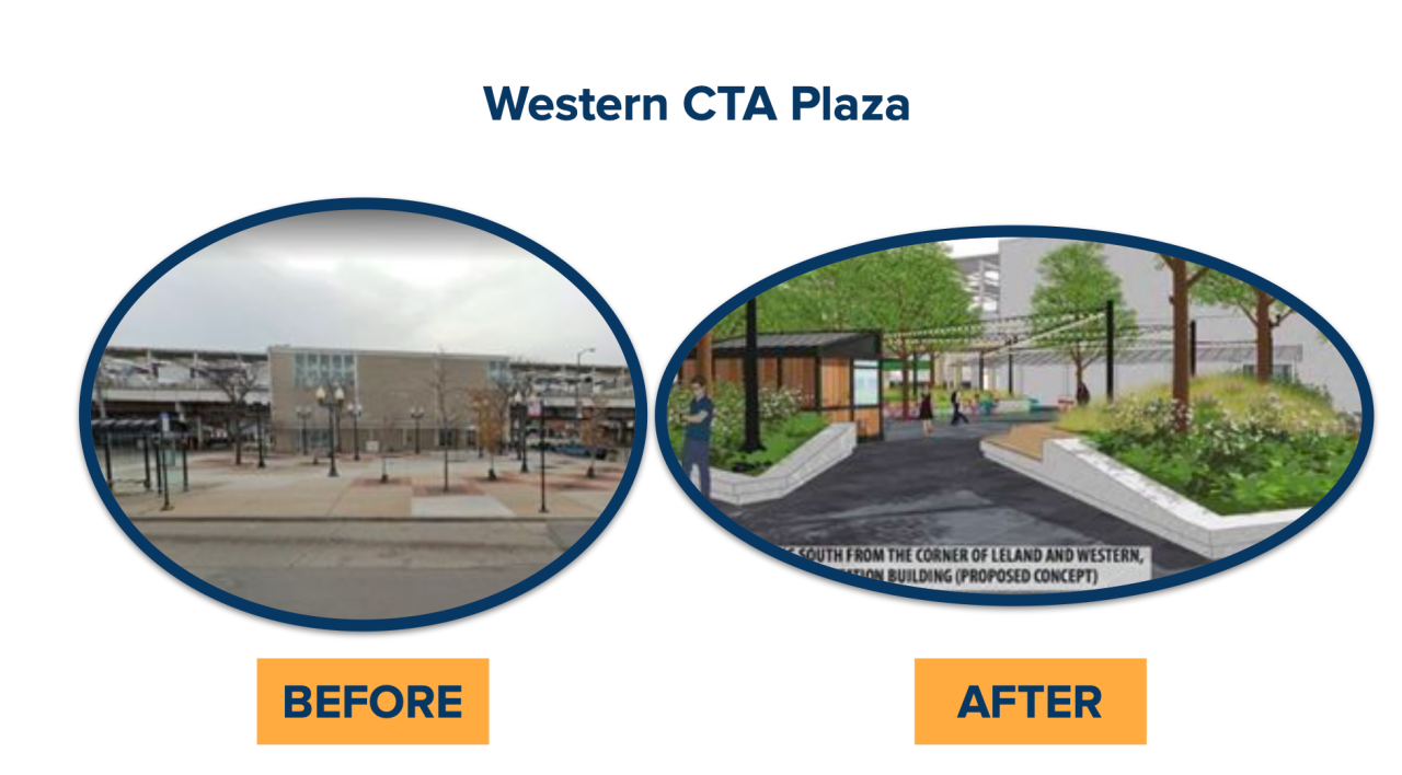 Before and after views of the Western Brown Line station's plaza.