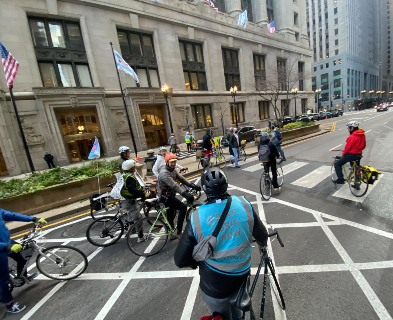 The Chicago, Bike Grid Now blockade of LaSalle Street in front of City Hall. Photo: CBGN