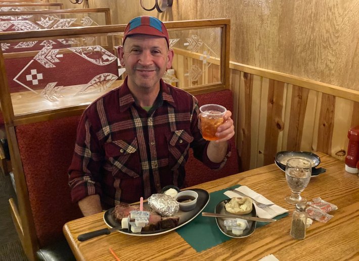 The reward for a hard day of hilly riding in cold weather: The Wisconsin-style prime rib dinner with an Old Fashioned cocktail at the casino in Turtle Lake, WI. Photo: My server