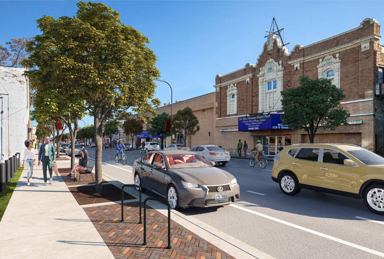 Rendering of a section of Chicago Avenue with non-protected dashed bike lanes in the door zone.