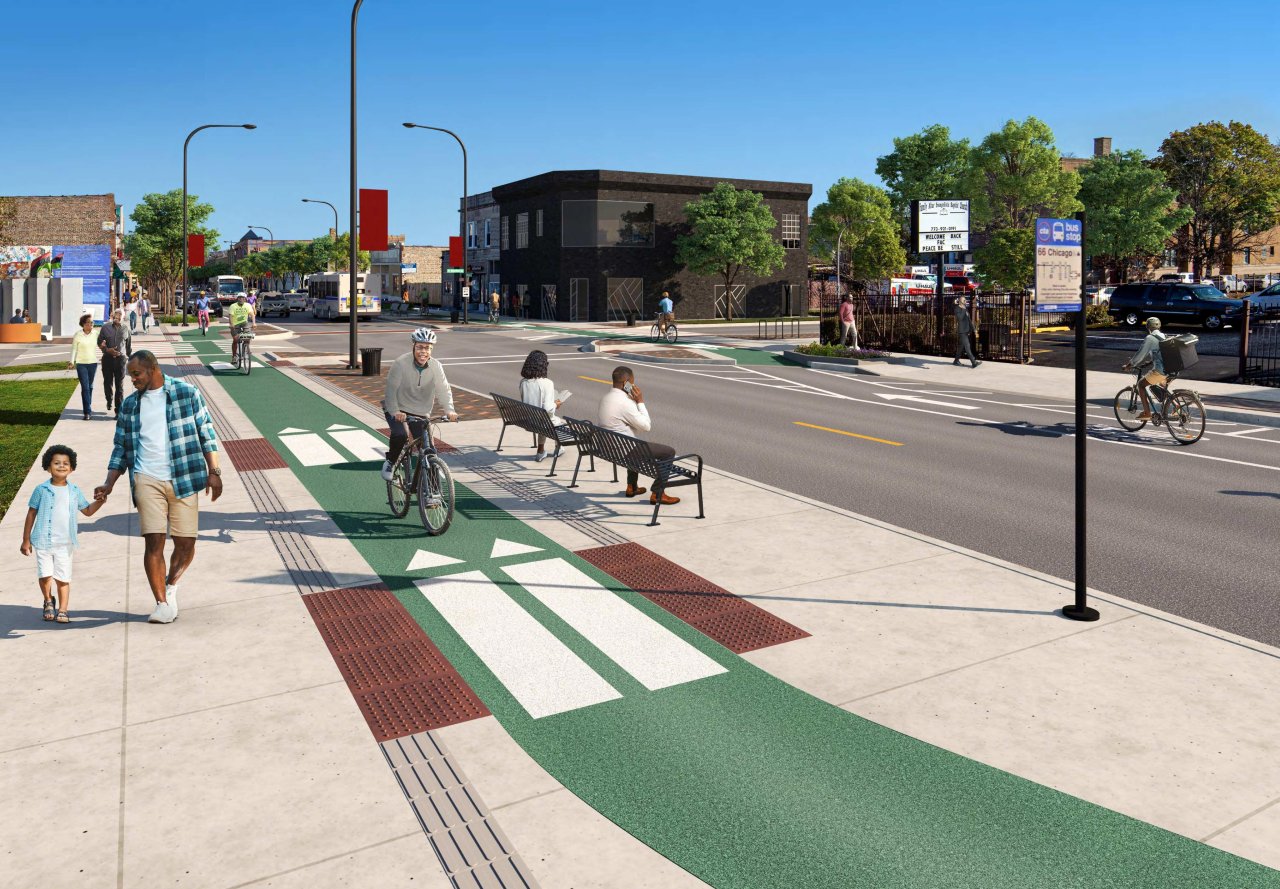 Slaloming raised bike lanes in a rendering of the streetscape.