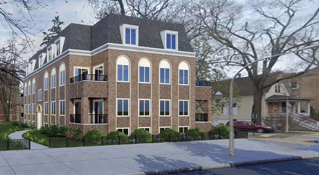 Rendering of the new building at the northwest corner of Ainslie and Oakley, which would occupy some of the current green space.